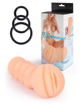 Телесный мастурбатор-вагина с эрекционными кольцами в комплекте
