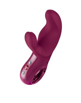 Бордовый вибратор с клиторальным стимулятором Miss Bi - 17 см.