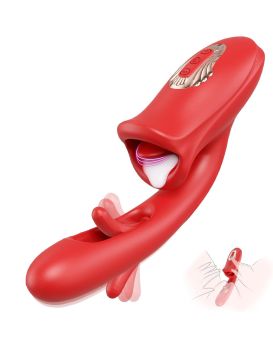 Красный вибратор с функциями фингеринга и лизания - 25,1 см.