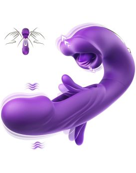 Фиолетовый вибратор с функциями фингеринга и лизания - 17,5 см.
