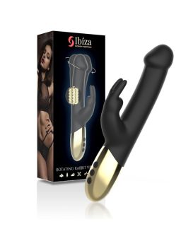 Черный вибратор-кролик с вращением бусин - 22 см.