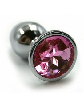 Серебристая алюминиевая анальная пробка с светло-розовым кристаллом - 6 см.