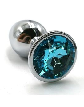 Серебристая алюминиевая анальная пробка с голубым кристаллом - 7 см.