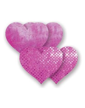 Комплект из 1 пары розовых пэстис-сердечек с блестками и 1 пары розовых пэстис-сердечек  с кружевной поверхностью