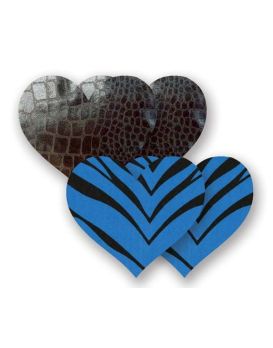 Комплект из 1 пары черных пэстис-сердечек под змеиную кожу и 1 пары синих пэстис-сердечек в полоску